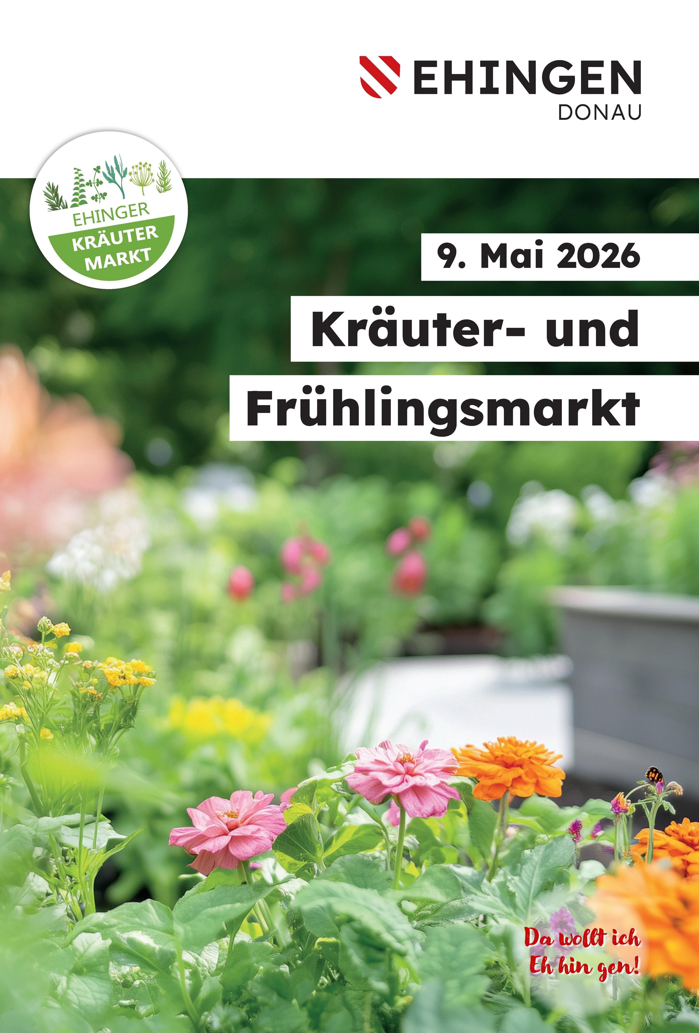 Plakat mit Frühlingsblumen und -kräutern, Information Kräuter- und Frühlingsmarkt am 09.02.2026