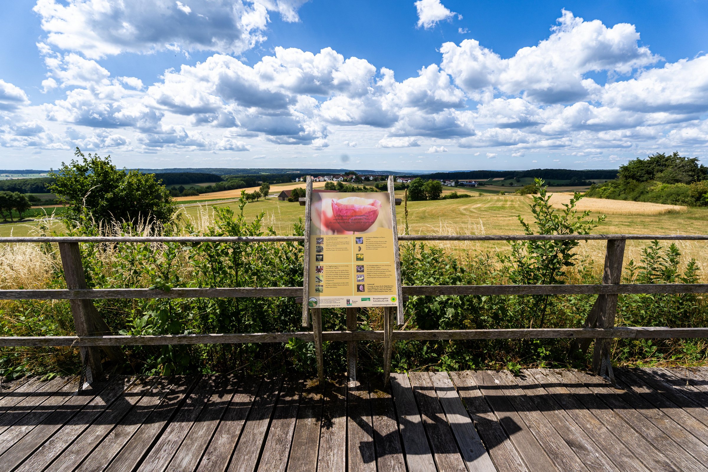 Ein Aussichtspunkt mit einer Infotafel in der Mitte. Dahinter sieht man Felder und den Himmel und die Ortschaft Frankenhofen.