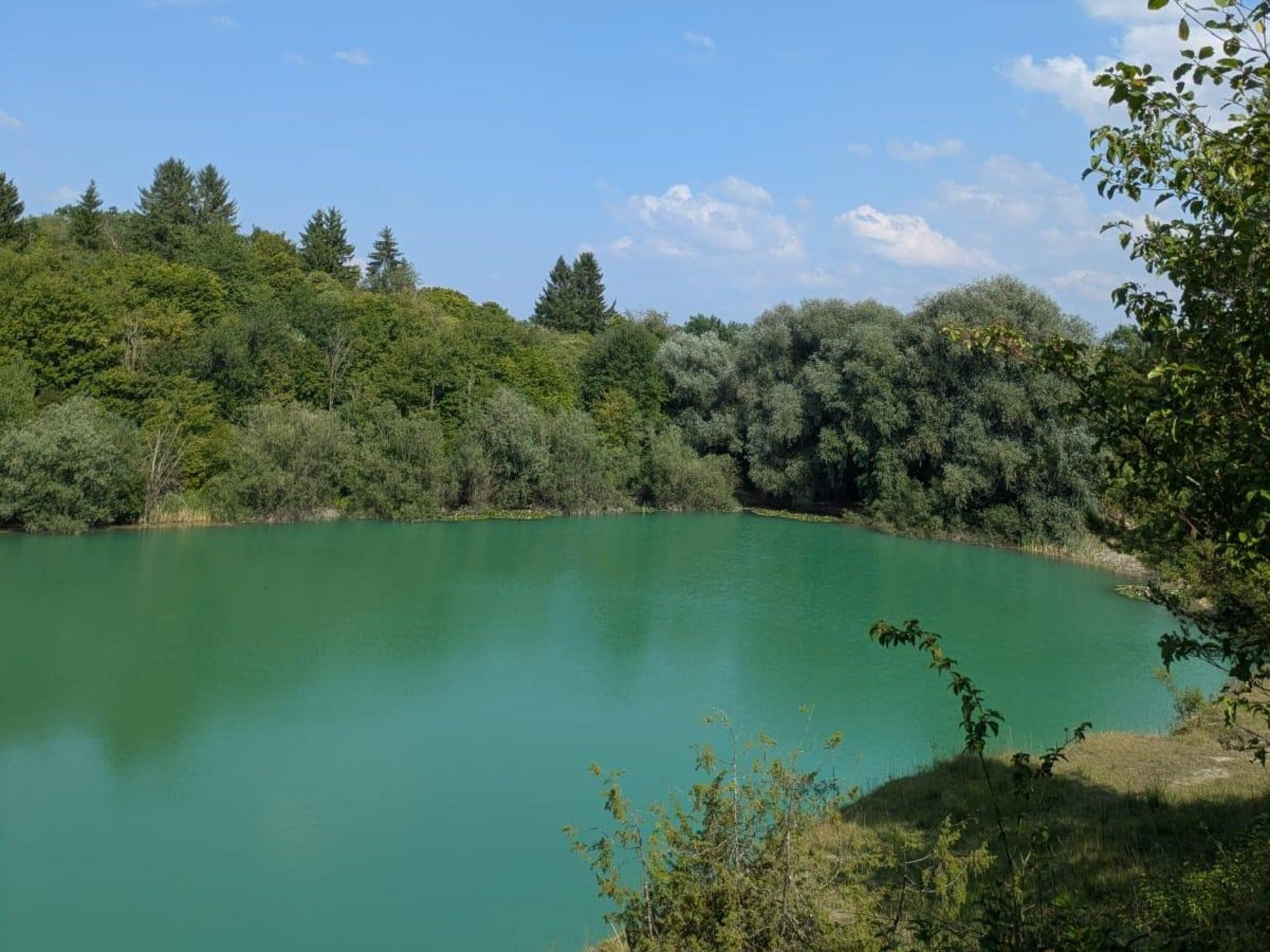 von grünen Bäumen und Sträuchern umsäumter türkiser See, blauer Himmel